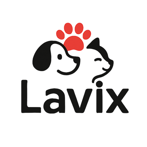 Logo of Lavix with two dogs and a red paw print on a white background