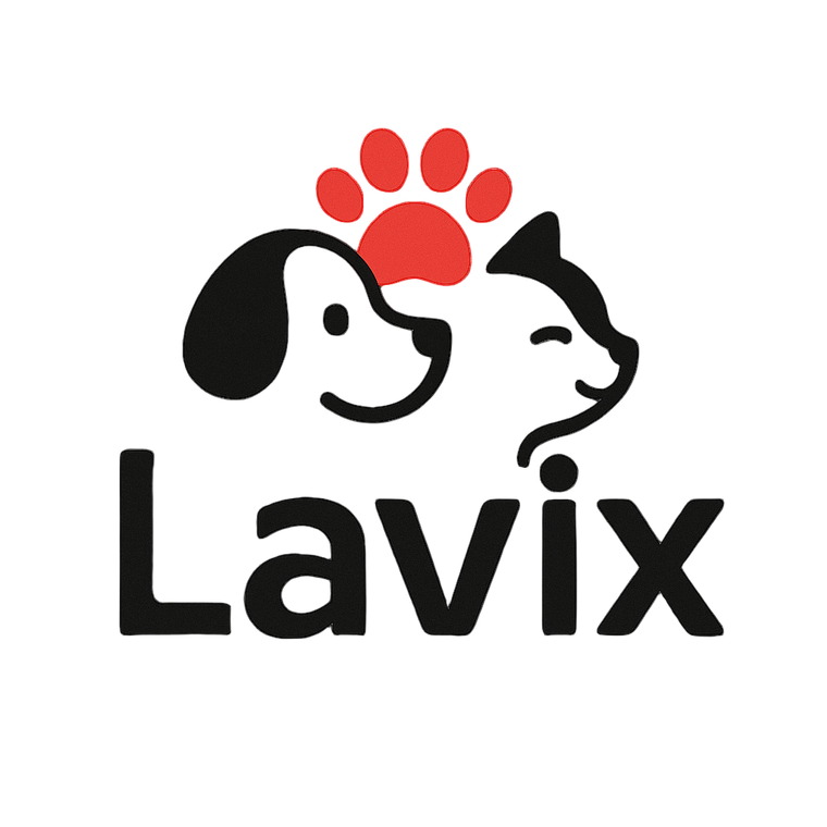 Logo of Lavix with two dogs and a red paw print on a white background