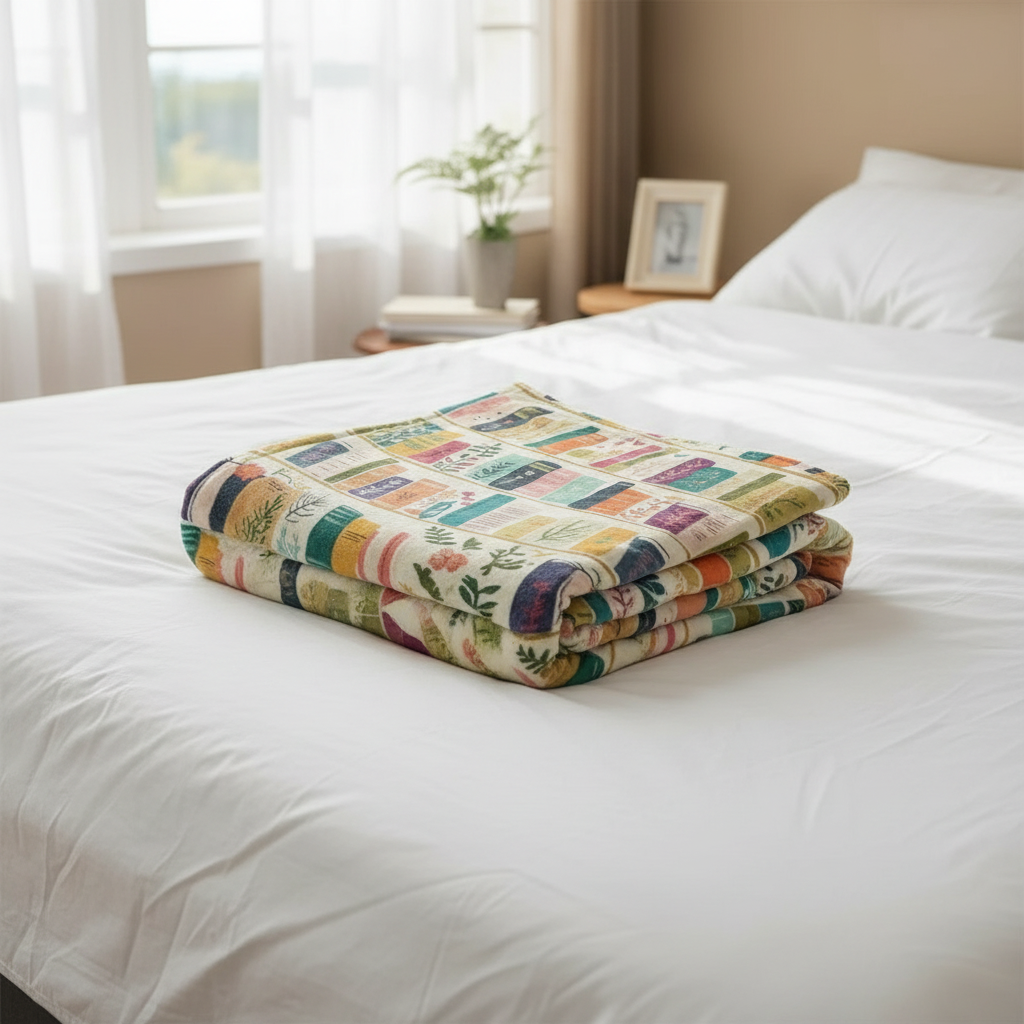 Neatly folded on bed